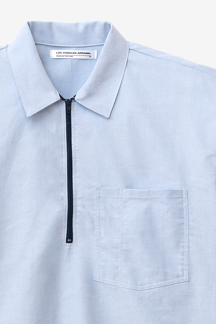 Oxford Zip Up Work Shirt Blue