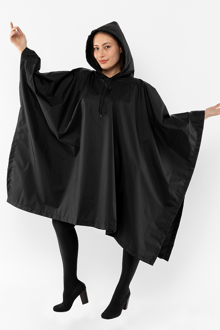 Hooded Nylon Rain Poncho Black