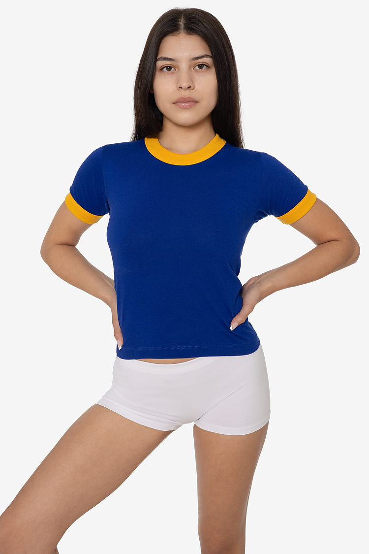 WOMENS POLY COTTON RINGER TEE LAPIS/YELLOW
