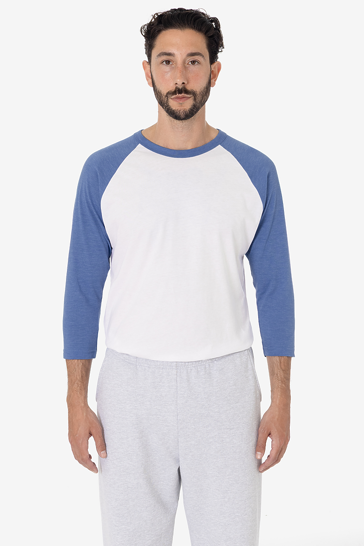 3/4 Slv Ctn Poly Raglan 3.8oz WHITE/HEATHER LAKE BLUE
