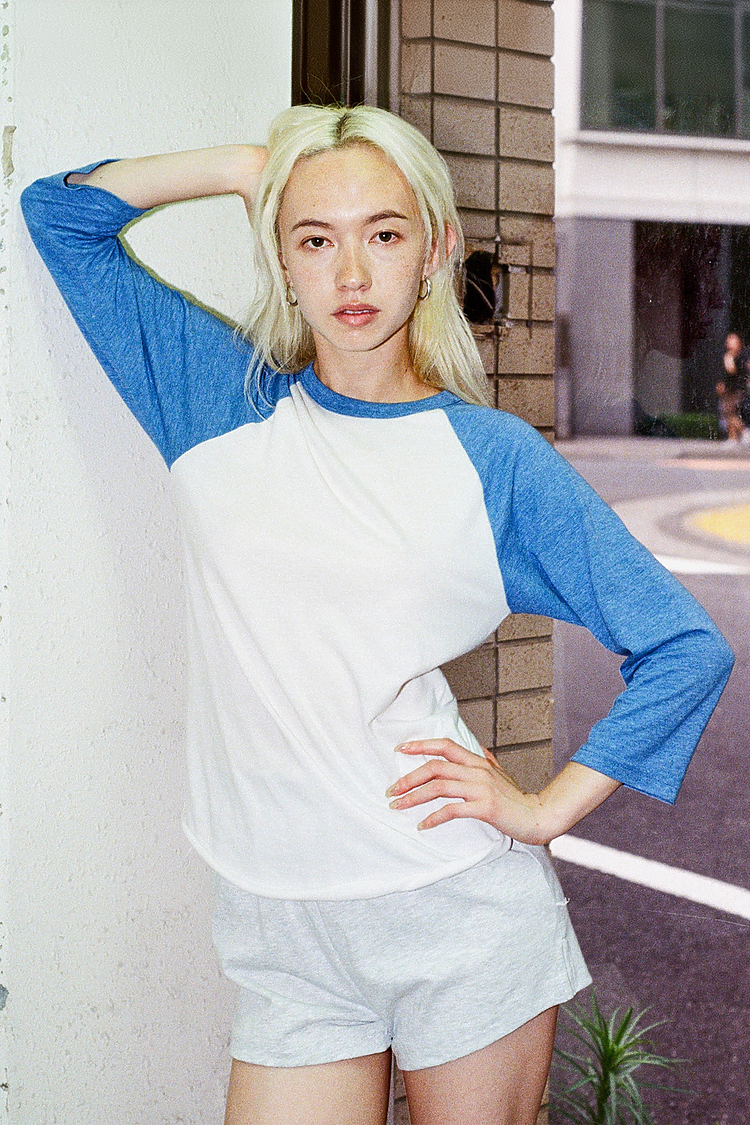 3/4 Slv Ctn Poly Raglan 3.8oz WHITE/HEATHER LAKE BLUE