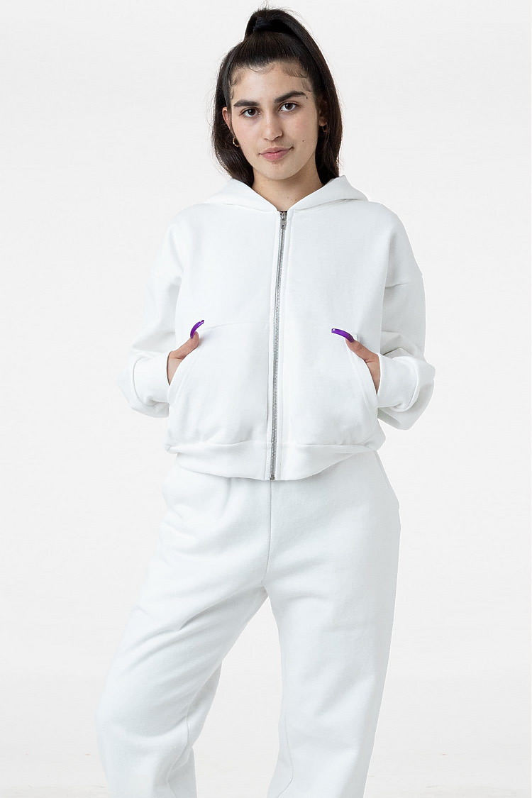 Heavy Fleece Cropped Zip Up White