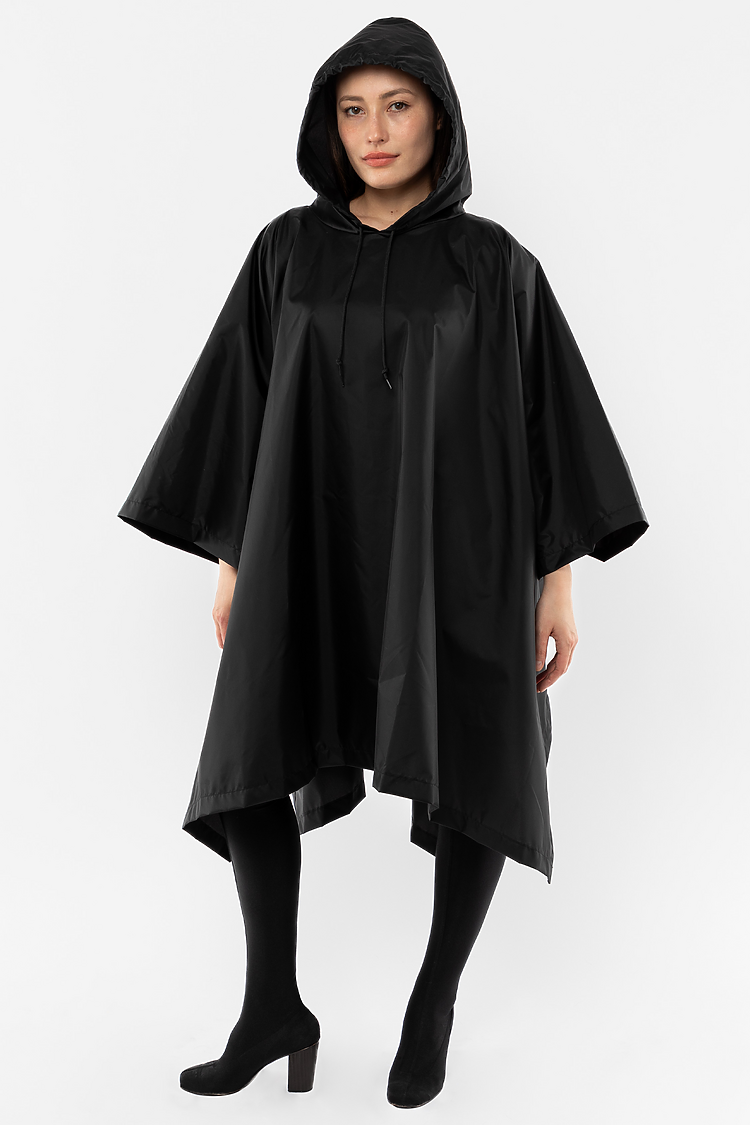 Hooded Nylon Rain Poncho Black