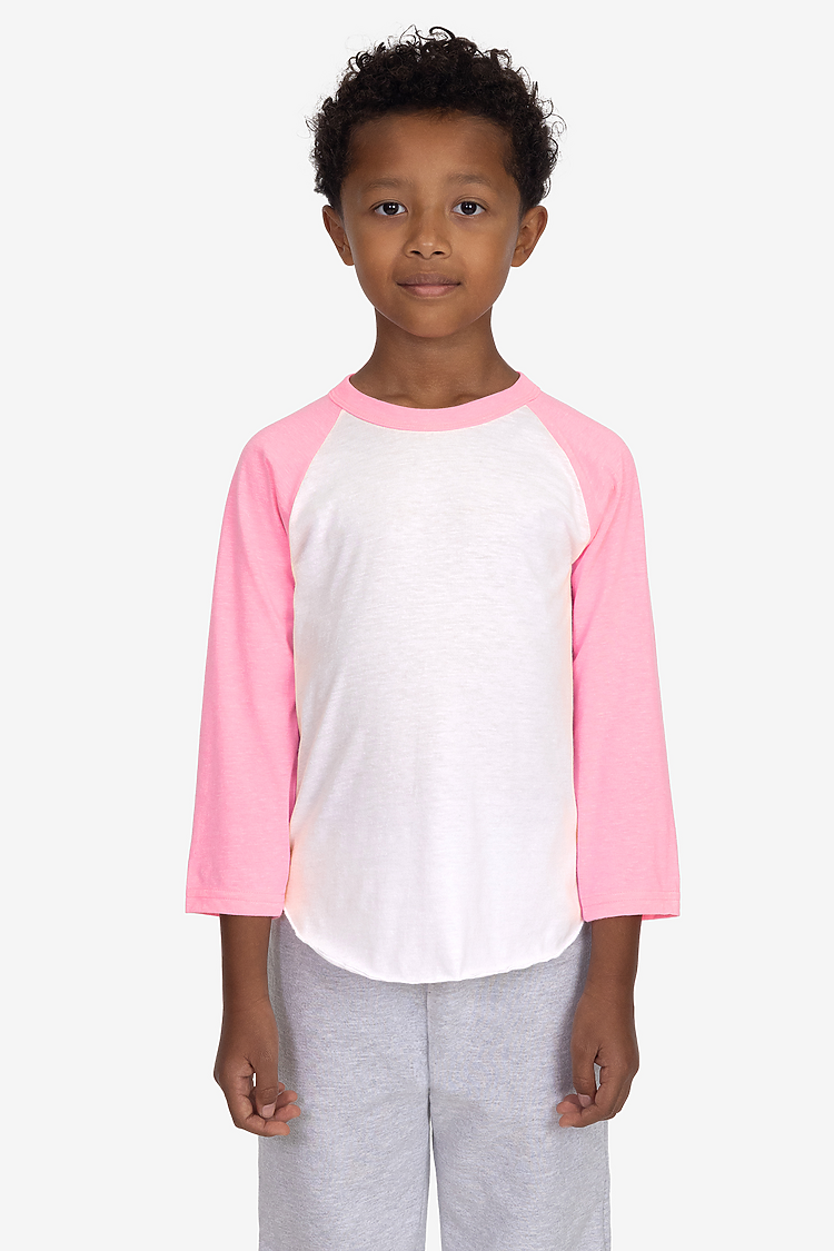 Youth 3/4 Slv Ply Ctn Raglan WHITE/NEON HEATHER PINK