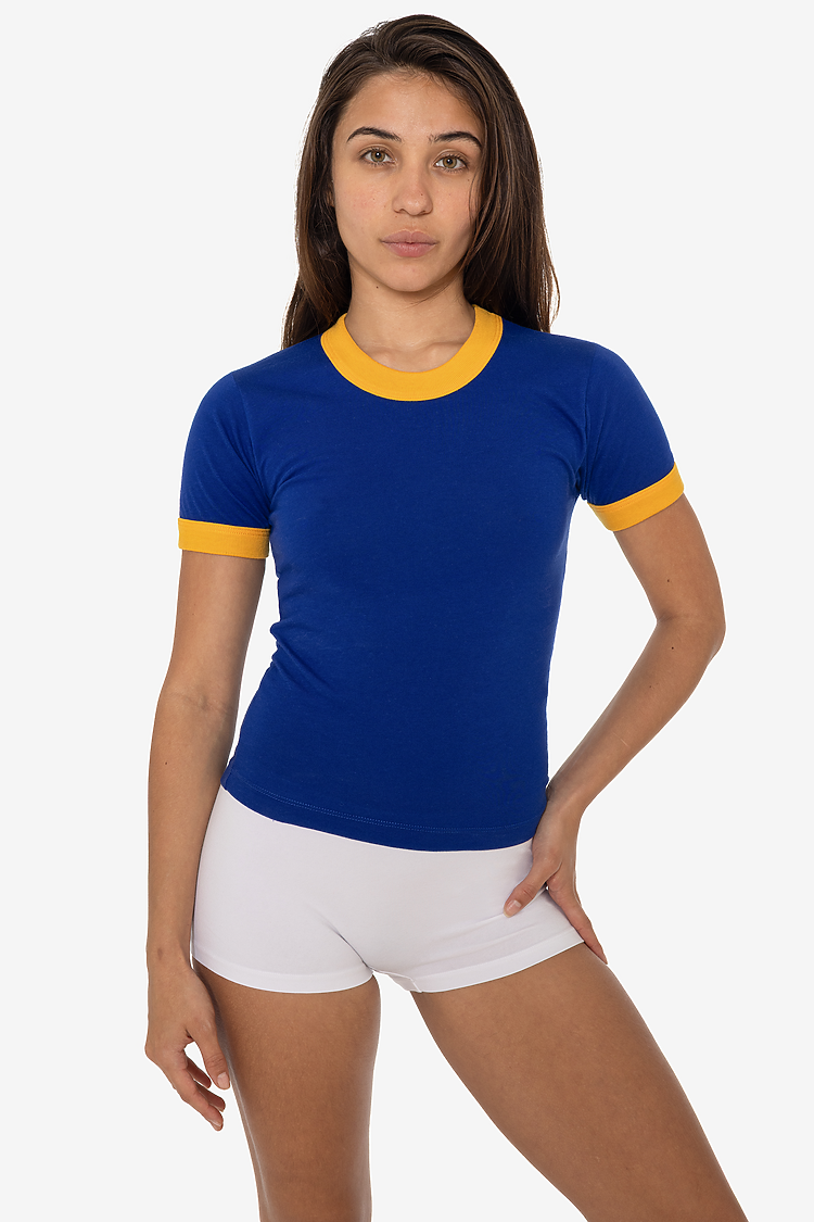WOMENS POLY COTTON RINGER TEE LAPIS/YELLOW