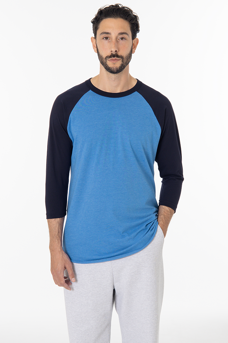 3/4 Slv Ctn Poly Raglan 3.8oz HEATHER LAKE BLUE/NAVY