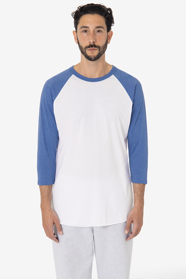 3/4 Slv Ctn Poly Raglan 3.8oz WHITE/HEATHER LAKE BLUE