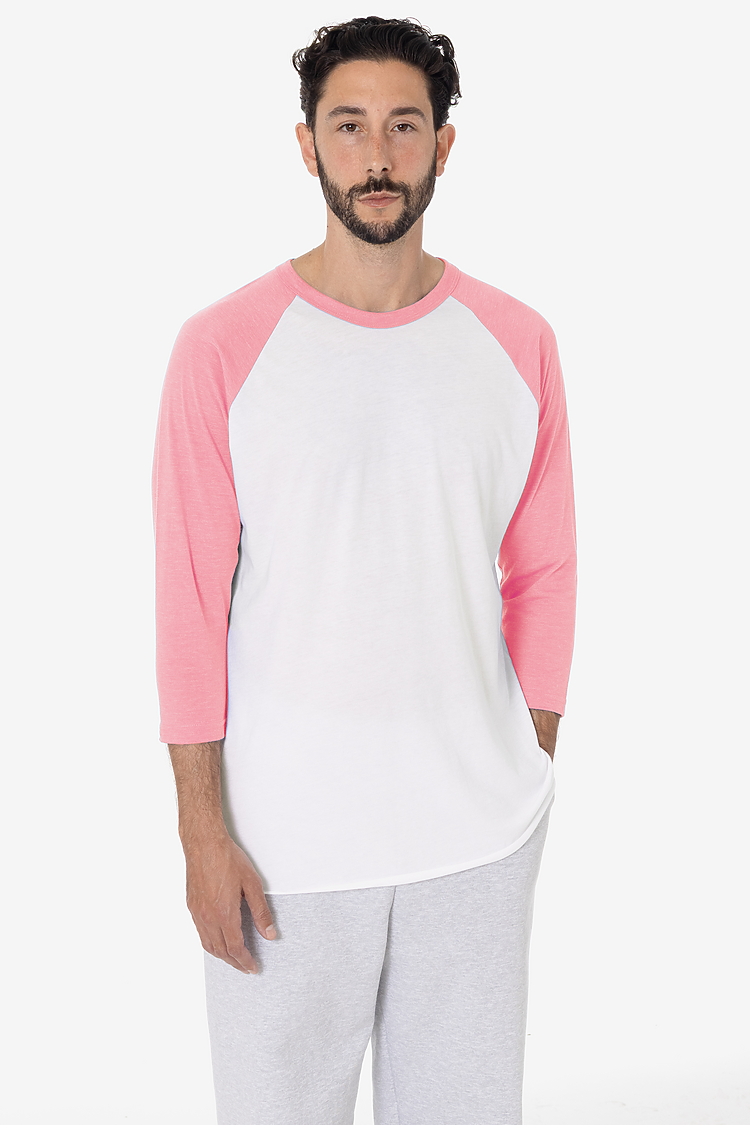 3/4 Slv Ctn Poly Raglan 3.8oz WHITE/NEON HEATHER PINK