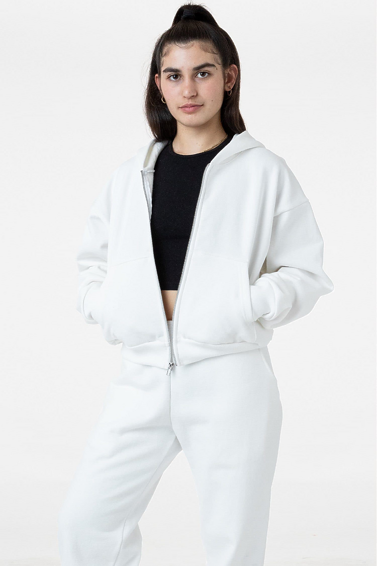 Heavy Fleece Cropped Zip Up White